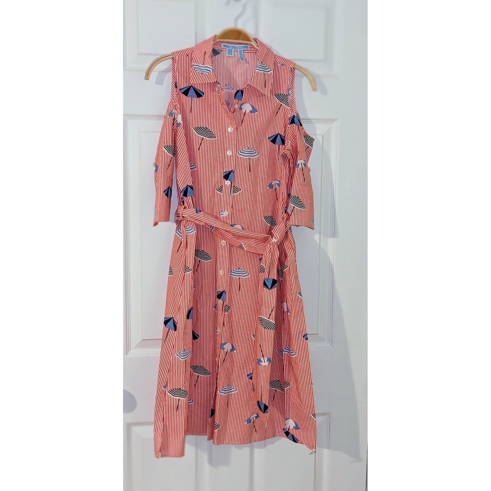 Draper James Shirt Dress Cold Shoulder Striped Umbrella Print Belted Size 2 NWOT - Picture 8 of 12
